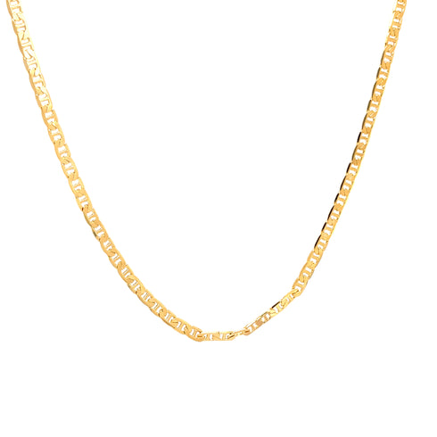 The 20-inch Mariner Link Necklace showcases its simple and elegant design in a close-up image featuring its delicate 3mm width chain, crafted from 14k gold-filled material with interlocking rectangular links, set against a plain white background.